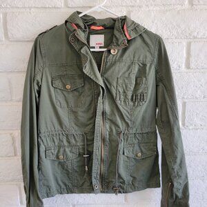 Bongo Jacket Green Utility Lightweight Hood Zip Up Drawstring Sz S